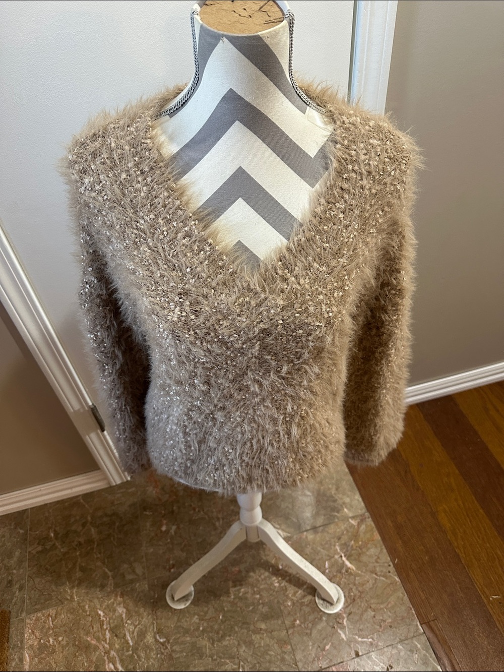Love Riche Fuzzy V-Neck Sweater in Taupe